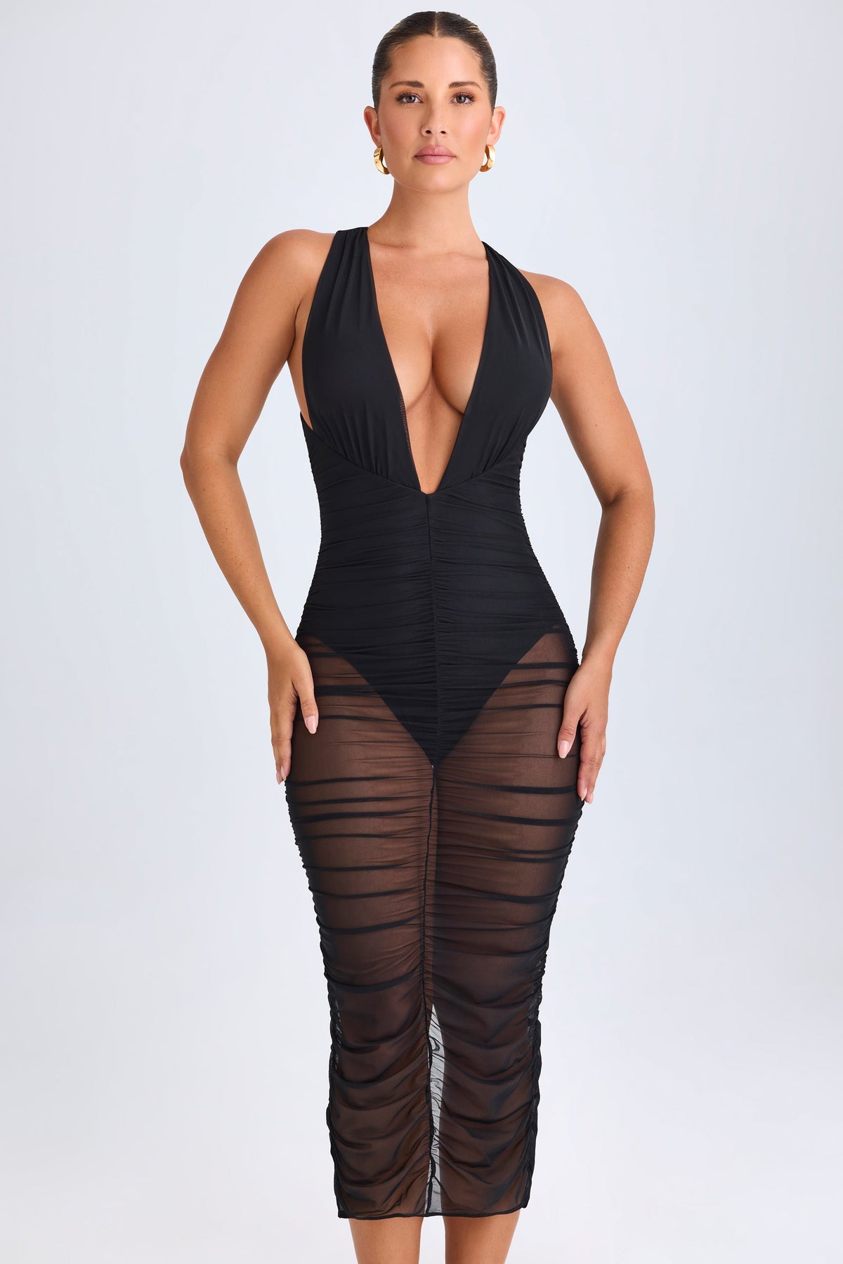 Chic Ruched Plunge Midaxi Dress in Black