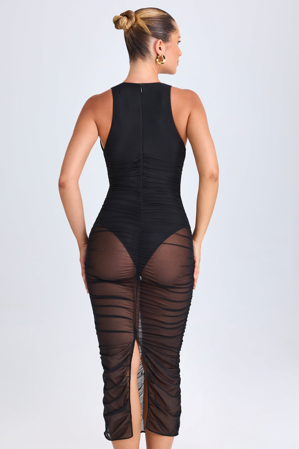 Chic Ruched Plunge Midaxi Dress in Black