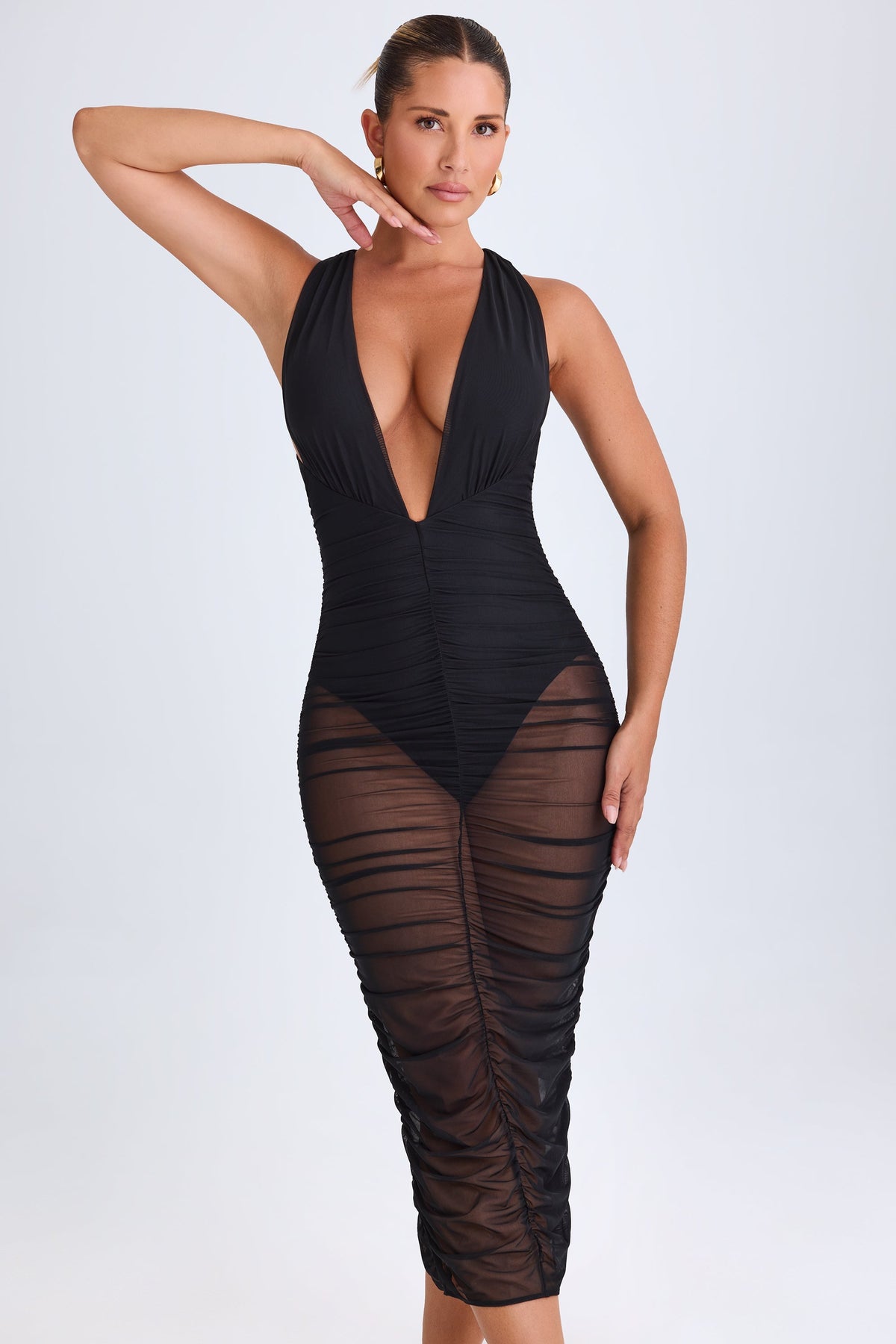 Chic Ruched Plunge Midaxi Dress in Black