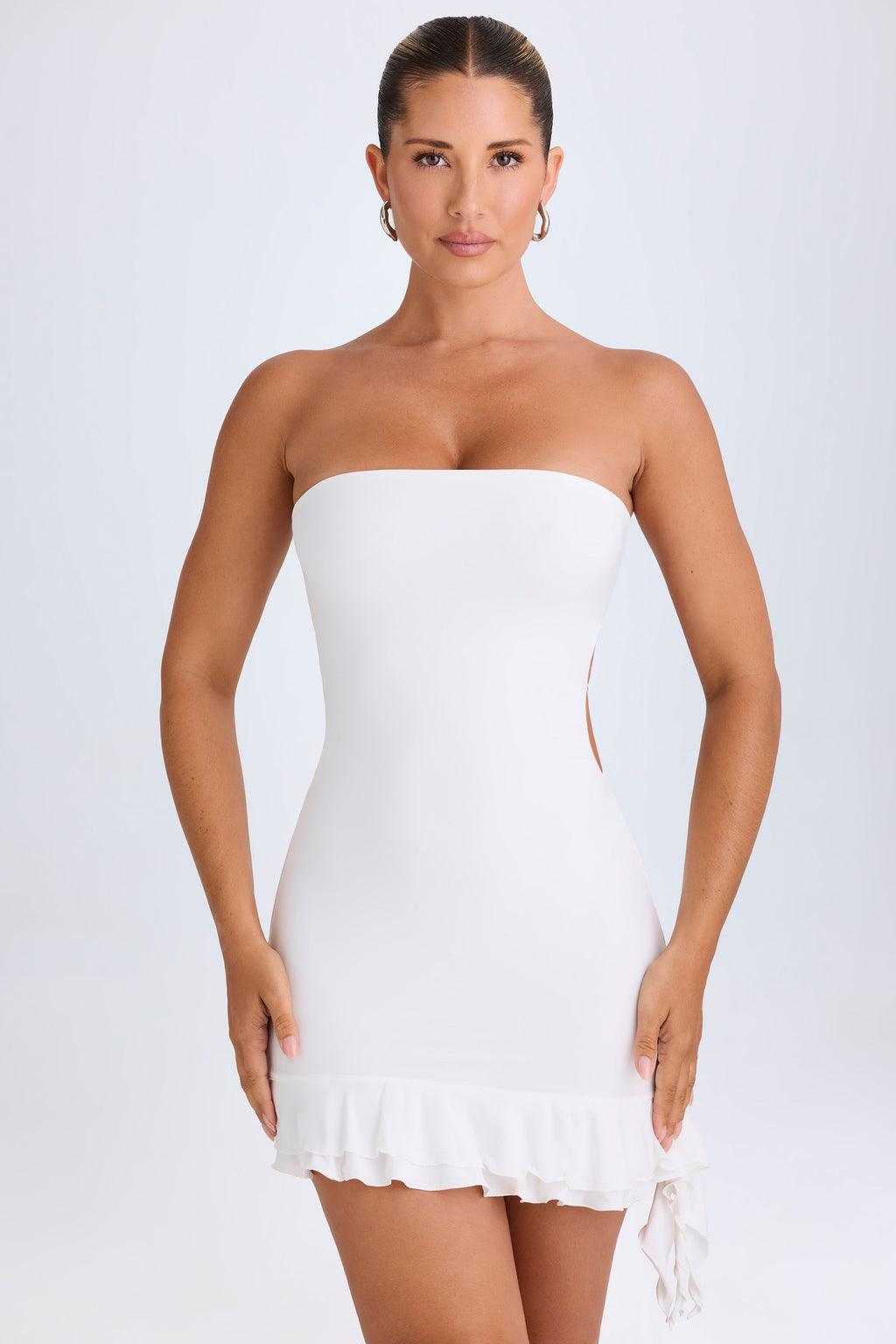 Chic Ruffle-Trim Cut-Out Bandeau Mini Dress in White