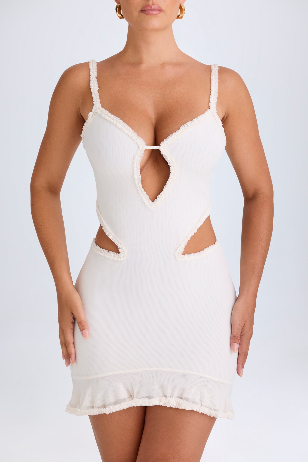 Chic Ruffle-Appliqué Cut-Out Mini Dress in White