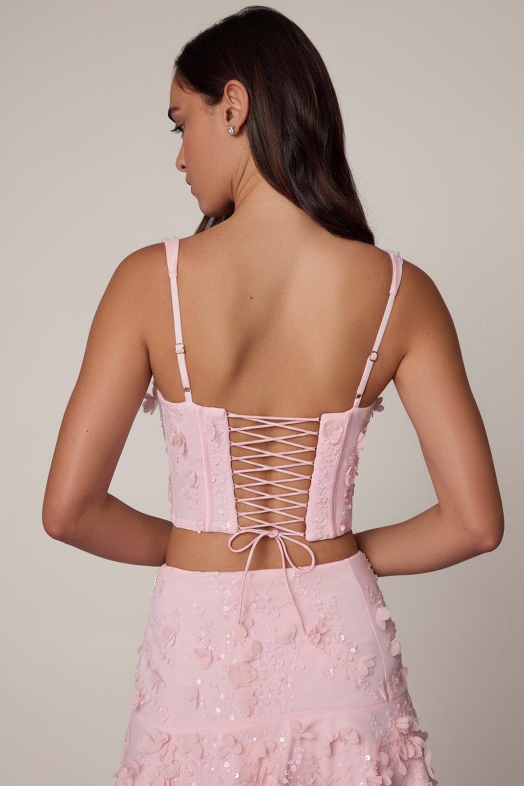 Chic Embellished Lace-Up Corset Top in Soft Pink