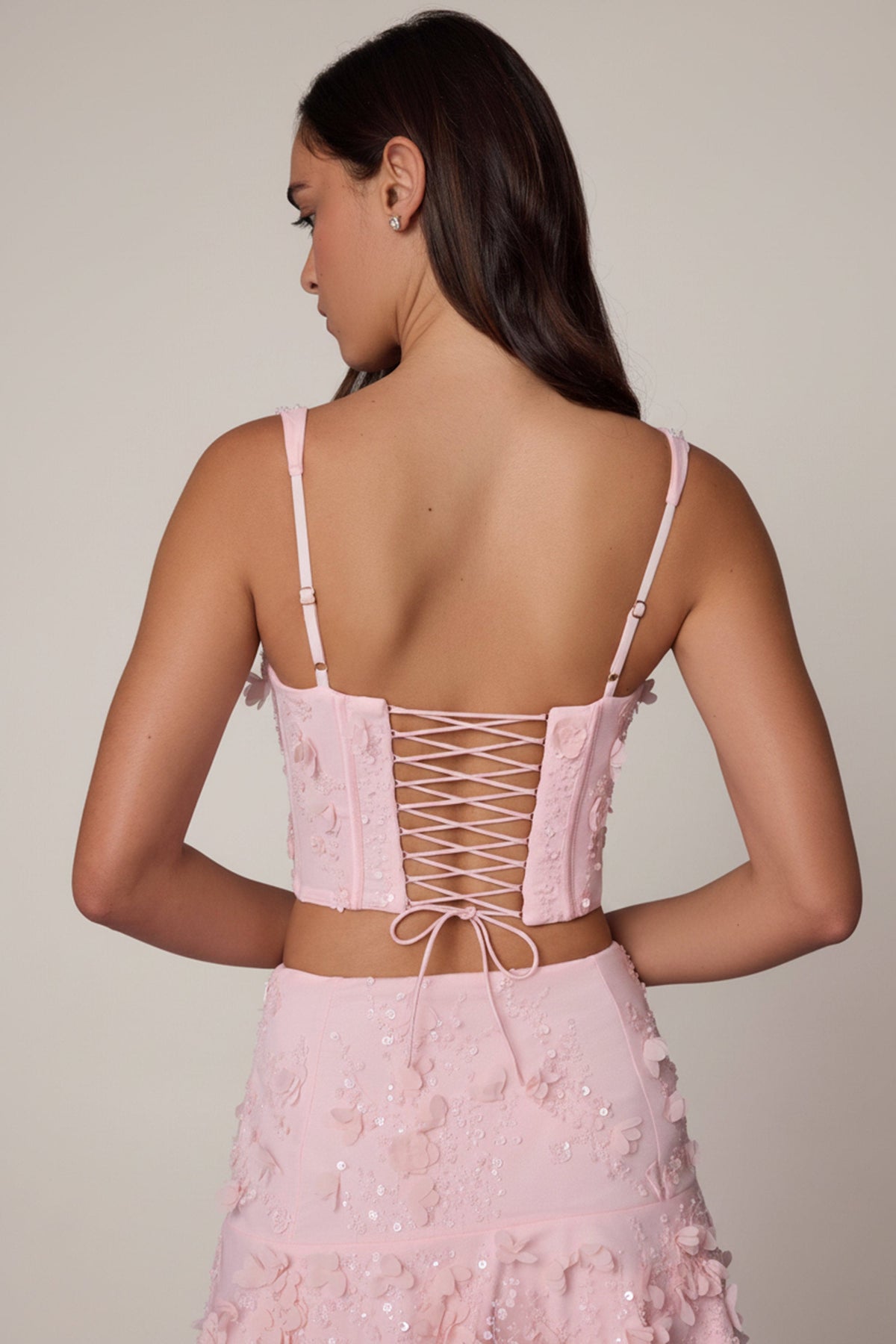 Chic Embellished Lace-Up Corset Top in Soft Pink