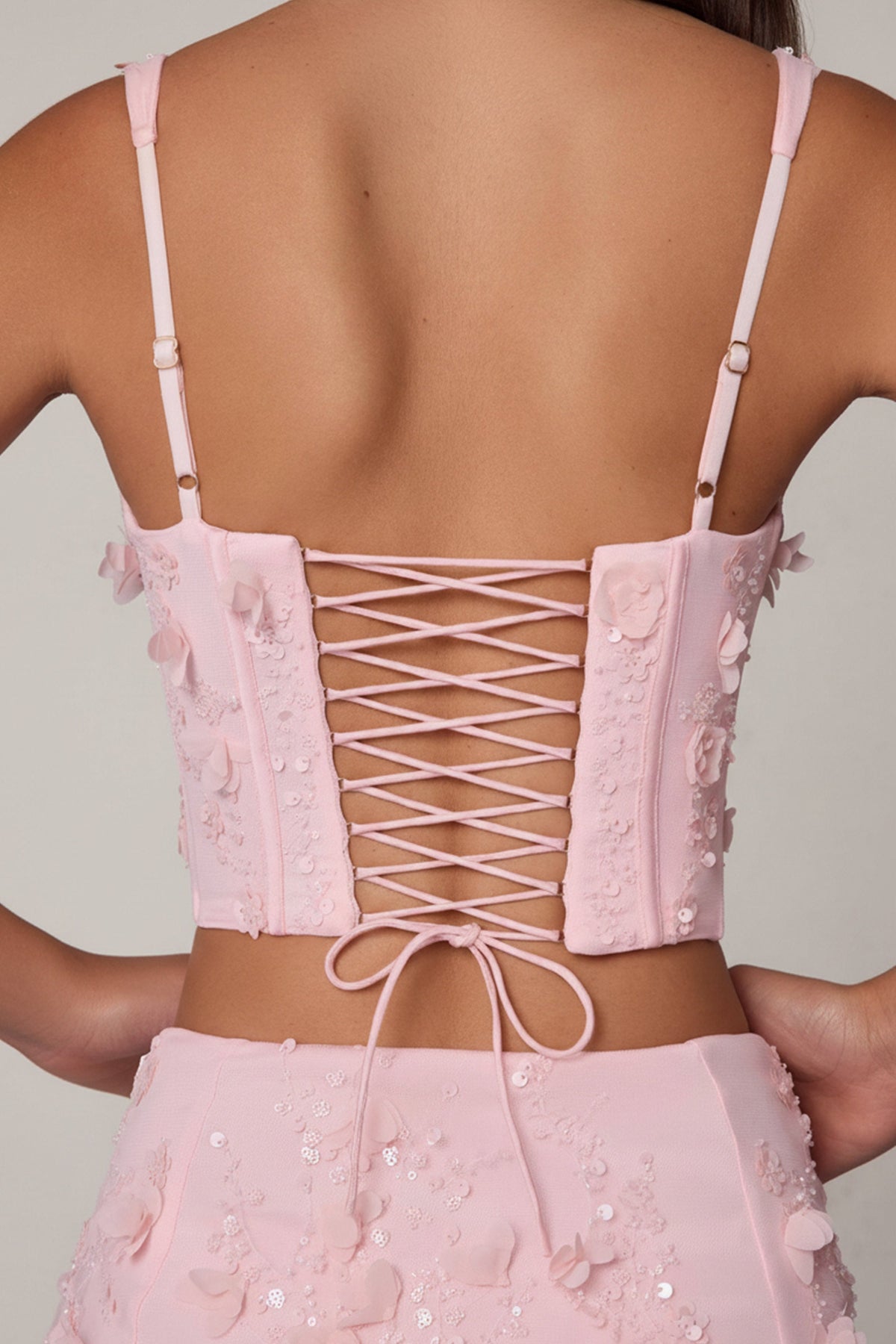 Chic Embellished Lace-Up Corset Top in Soft Pink
