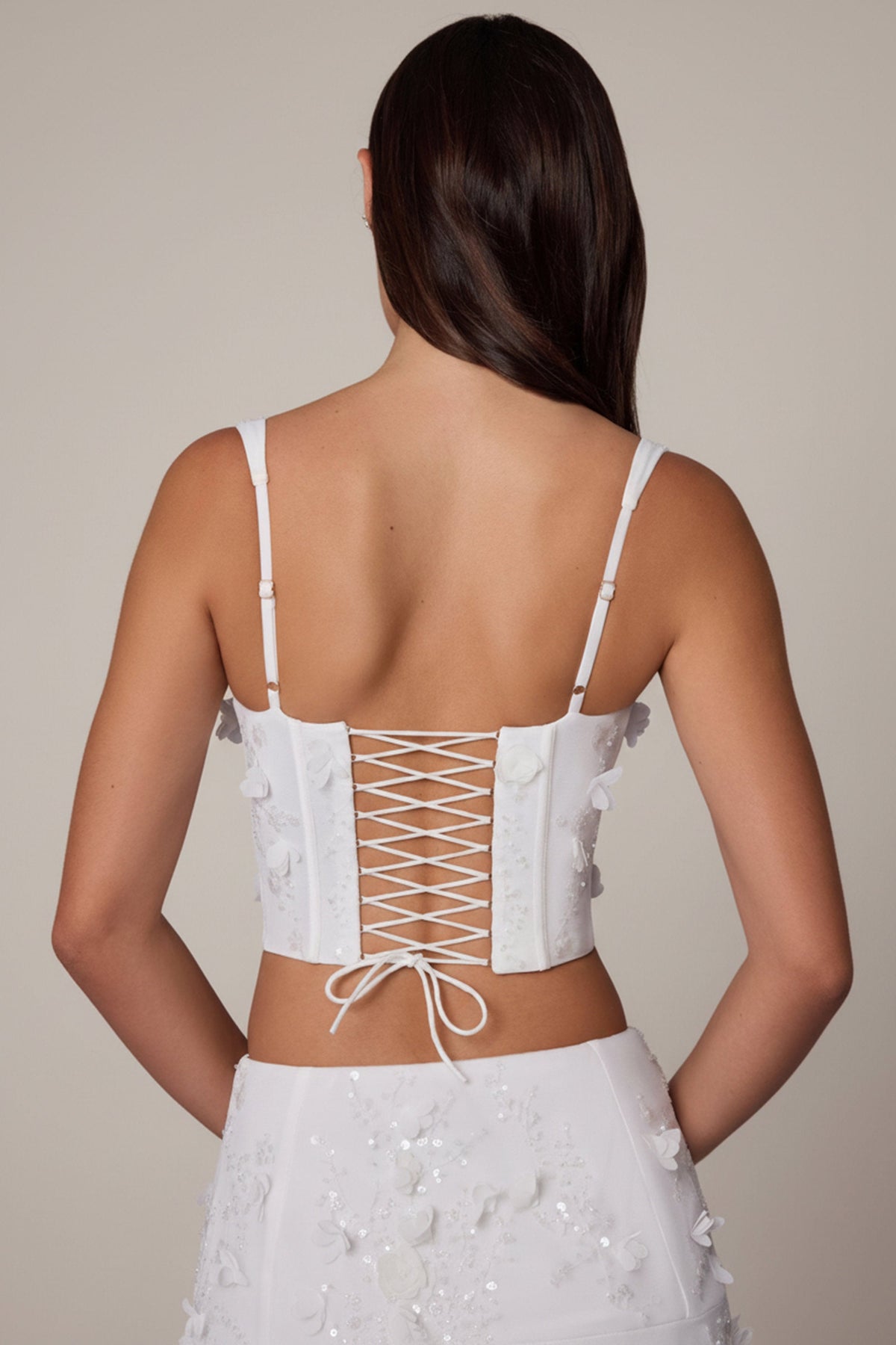 Chic Embellished Lace-Up Corset Top in White