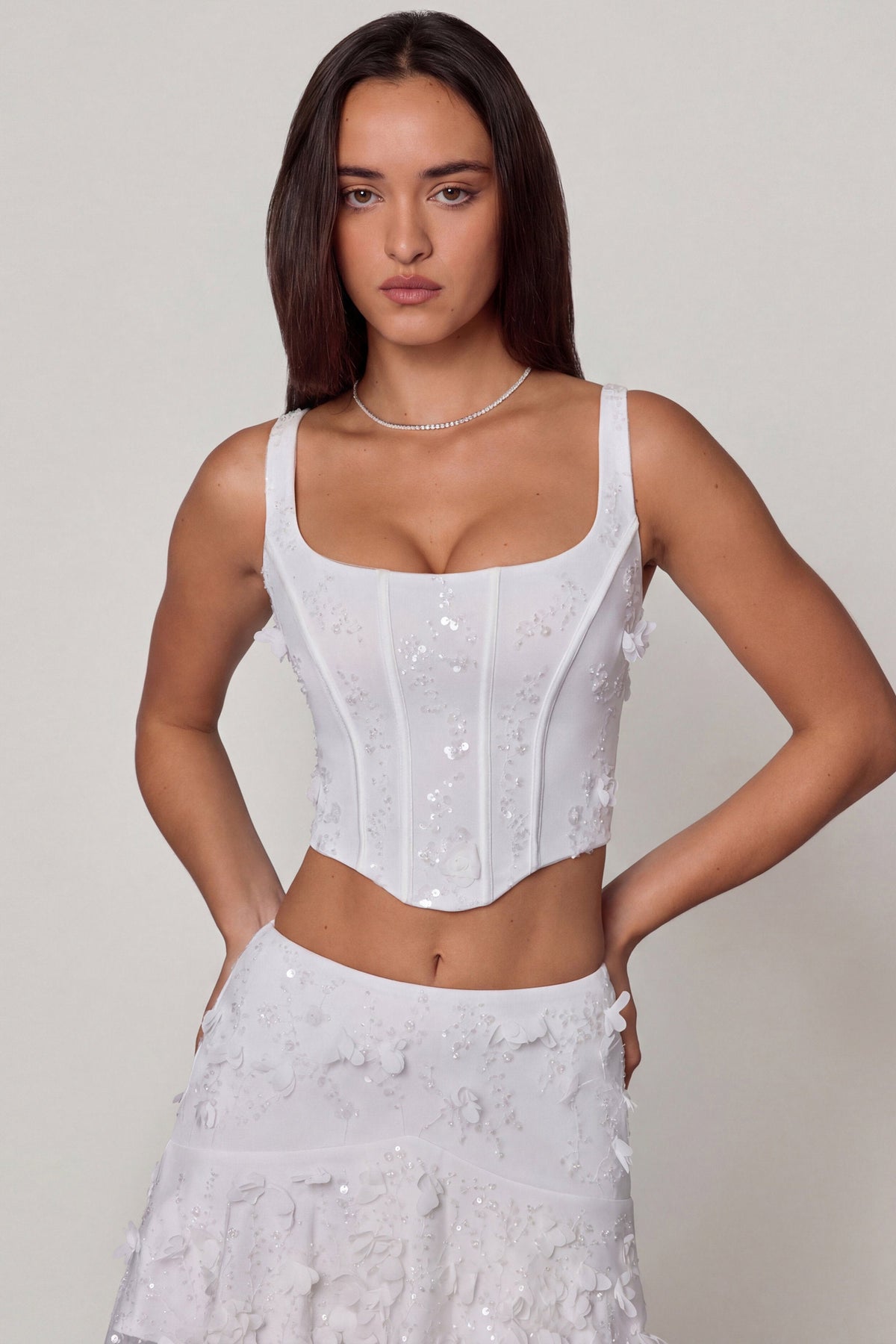 Chic Embellished Lace-Up Corset Top in White