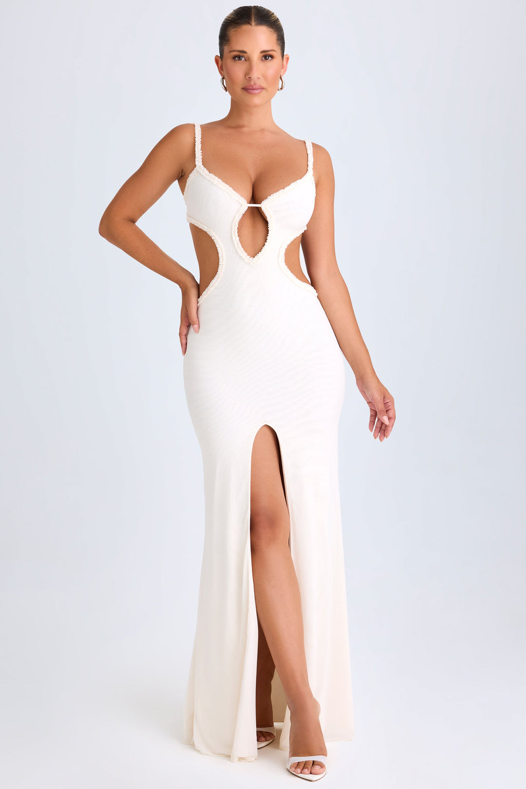 Chic Ruffle-Appliqué Cut-Out Maxi Dress in White