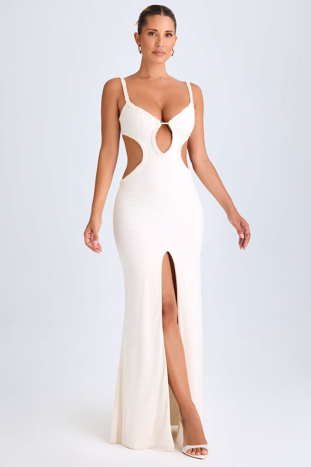 Chic Ruffle-Appliqué Cut-Out Maxi Dress in White