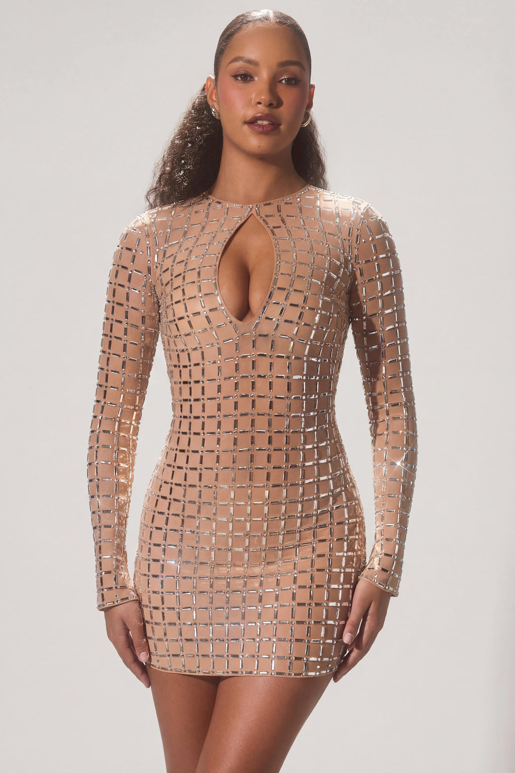 Chic Embellished Semi-Sheer Cut-Out Mini Dress in Honey