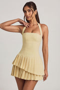 Chic Asymmetric Layered Halterneck Mini Dress in Pastel Yellow