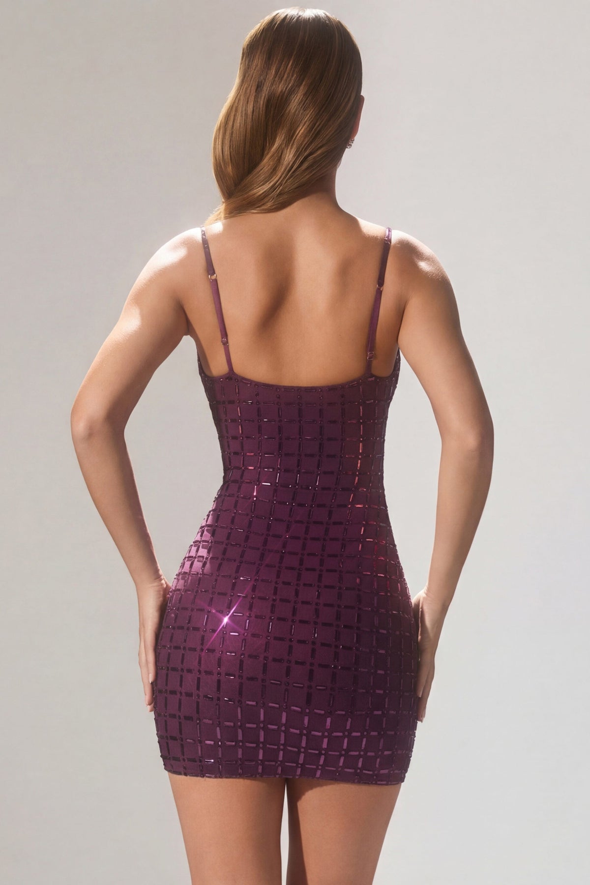 Chic Embellished Plunge Semi-Sheer Mini Dress in Deep Purple