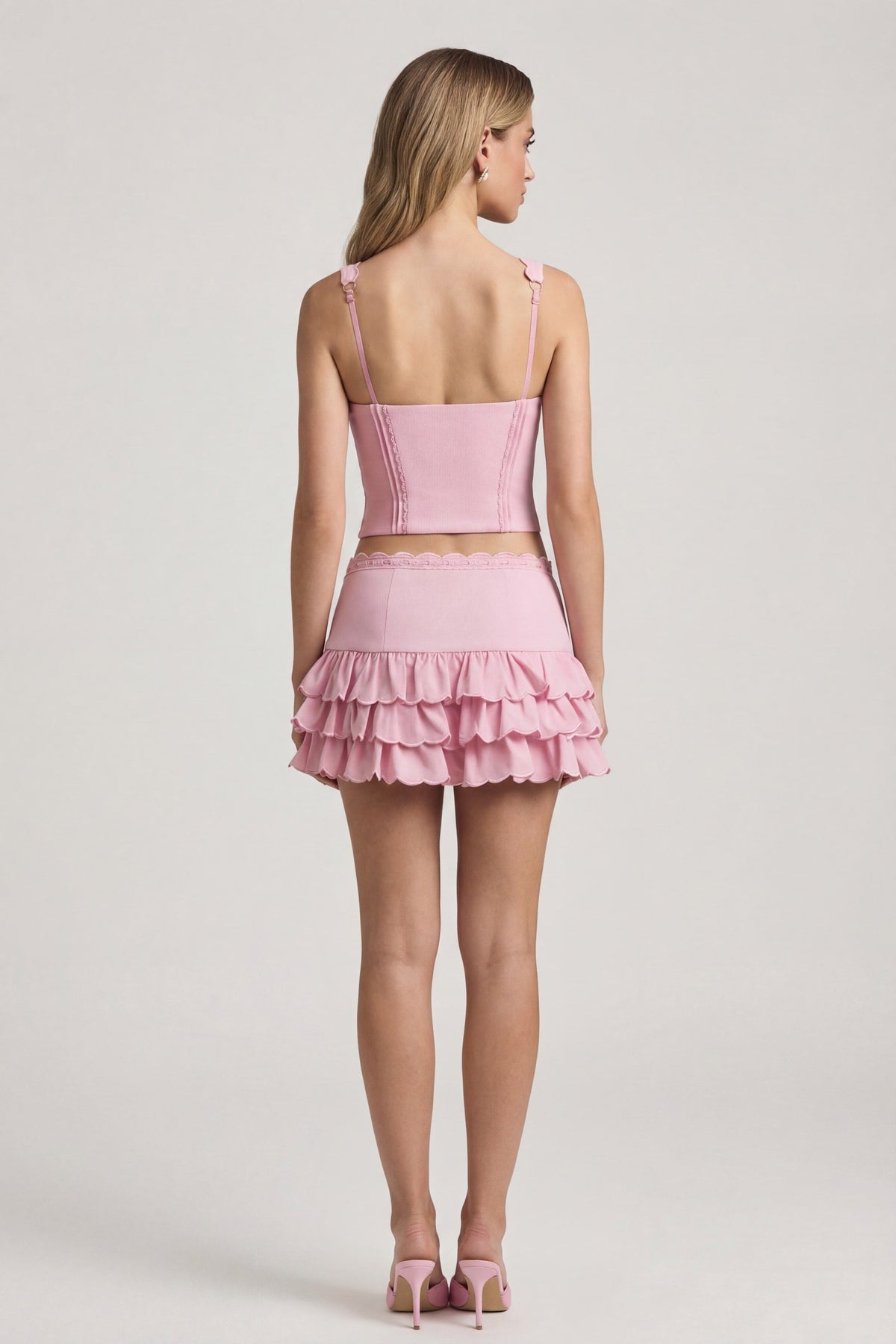 Chic Layered Ruffled Low-Rise Mini Skirt in Soft Pink