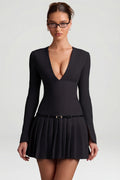 Chic Long-Sleeve Pleated Mini Dress in Black
