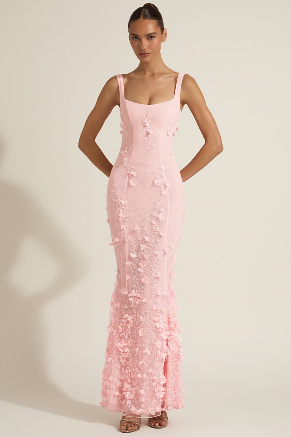 Chic Embellished Appliqué Soft-Scoop Corset Gown in Peony