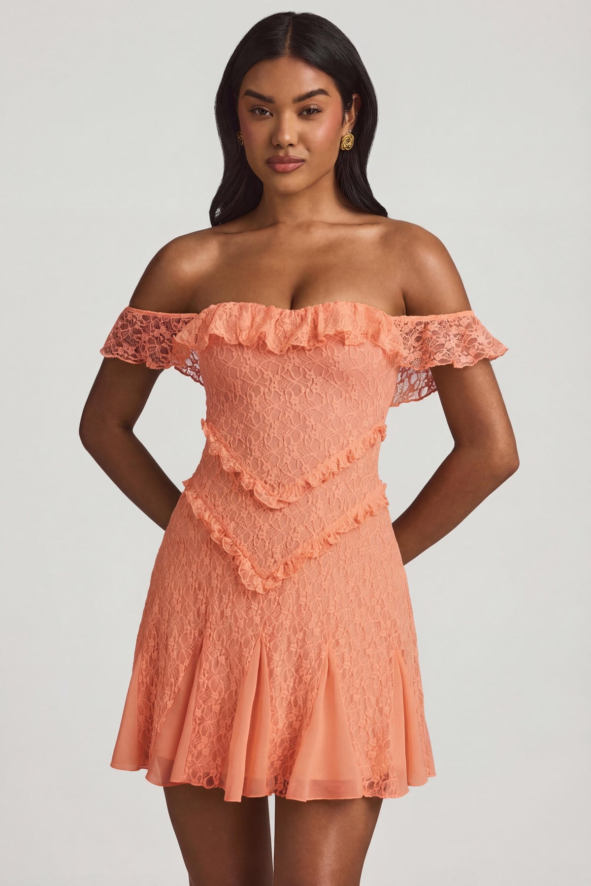 Chic Off-Shoulder Lace A-Line Mini Dress in Peach