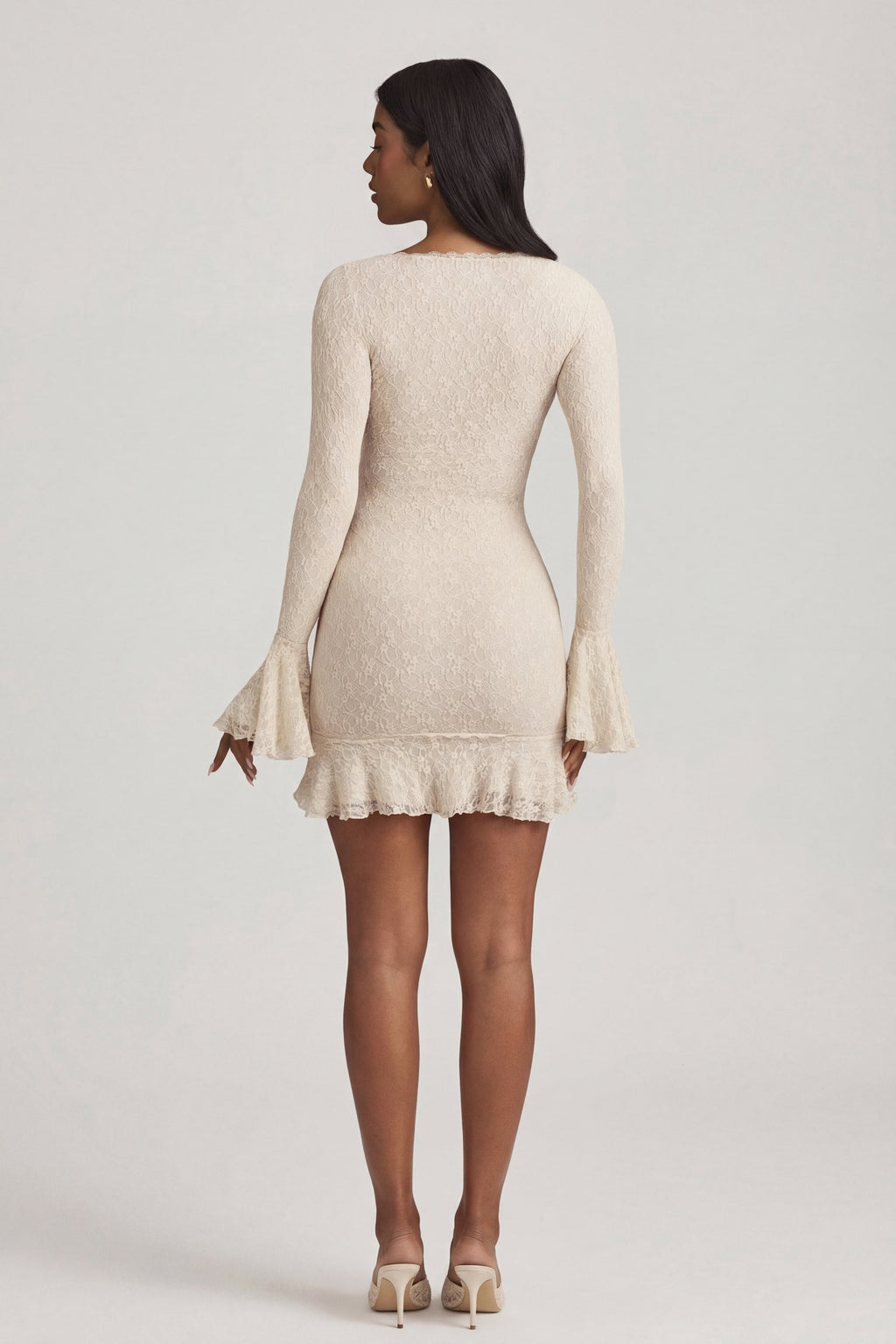 Chic Long-Sleeve Ruffled Lace Mini Dress in Ivory