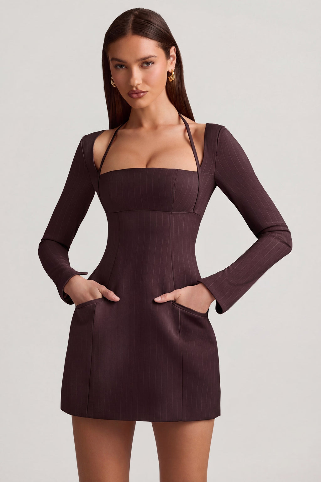 Chic Pinstripe Structured A-Line Mini Dress in Chocolate Brown
