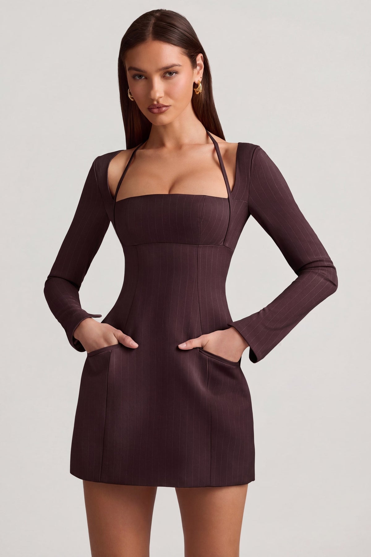 Chic Pinstripe Structured A-Line Mini Dress in Chocolate Brown