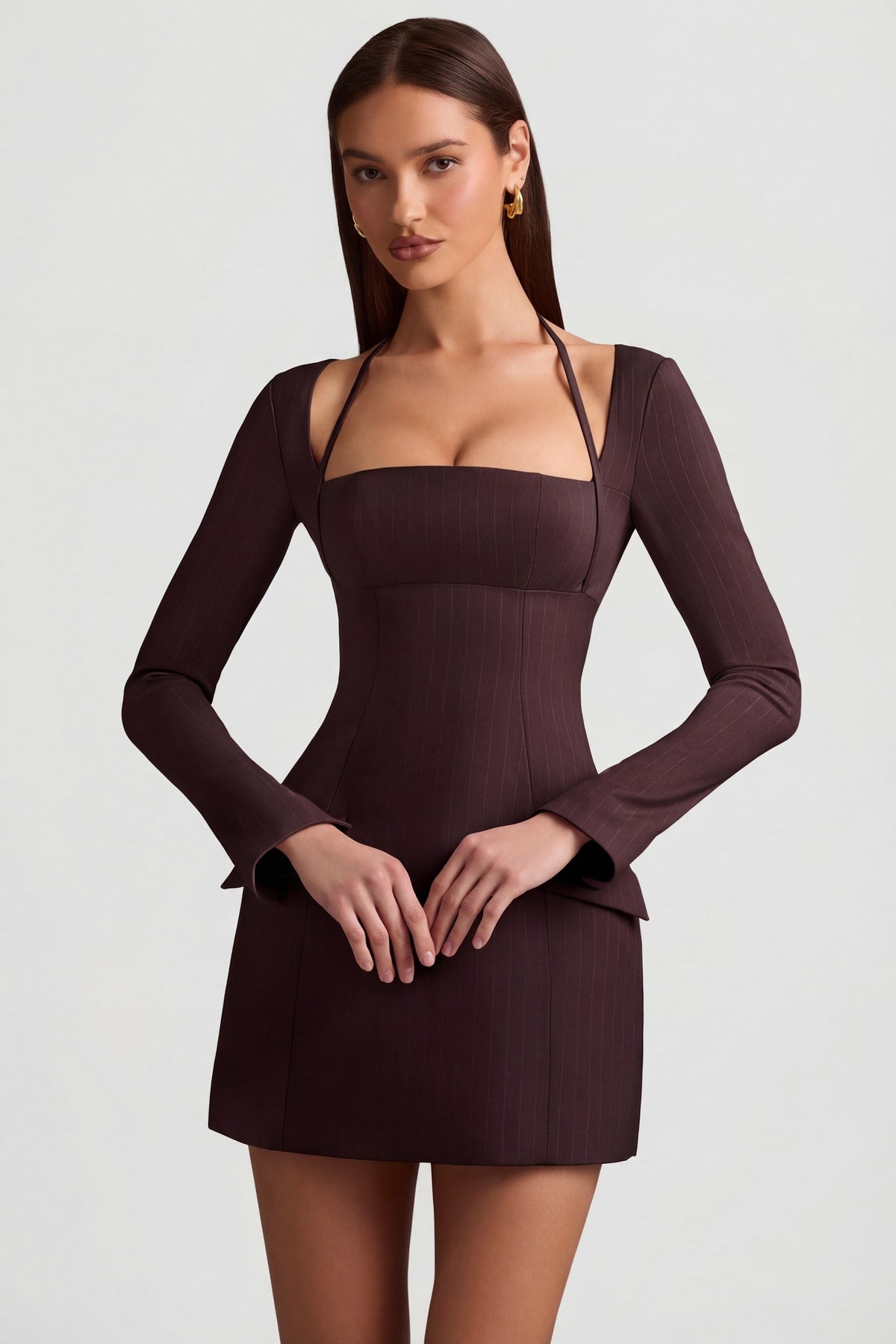 Chic Pinstripe Structured A-Line Mini Dress in Chocolate Brown