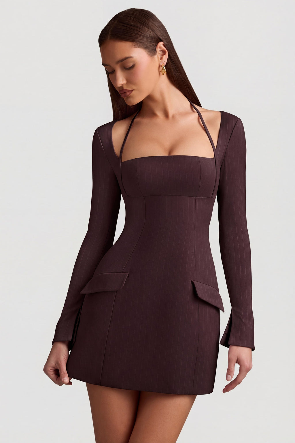 Chic Pinstripe Structured A-Line Mini Dress in Chocolate Brown