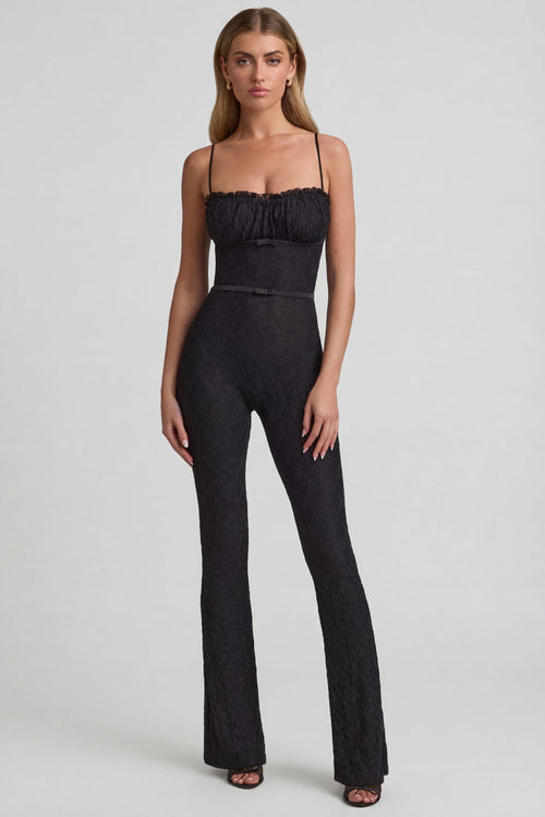 Chic Bow-Detail Lace Flared Jumpsuit in Black