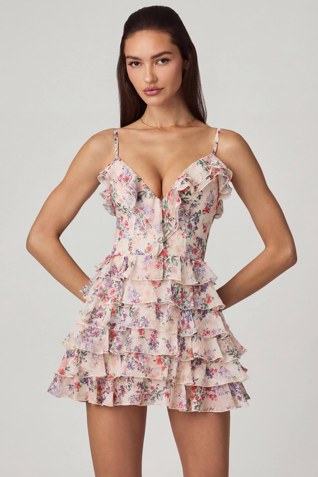 Chic Ruffled Lace-Up A-Line Mini Dress in Primrose Floral Print