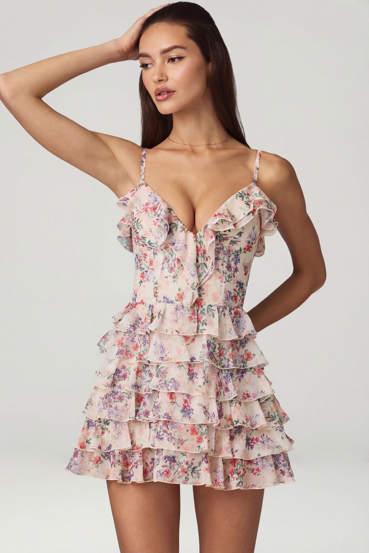Chic Ruffled Lace-Up A-Line Mini Dress in Primrose Floral Print