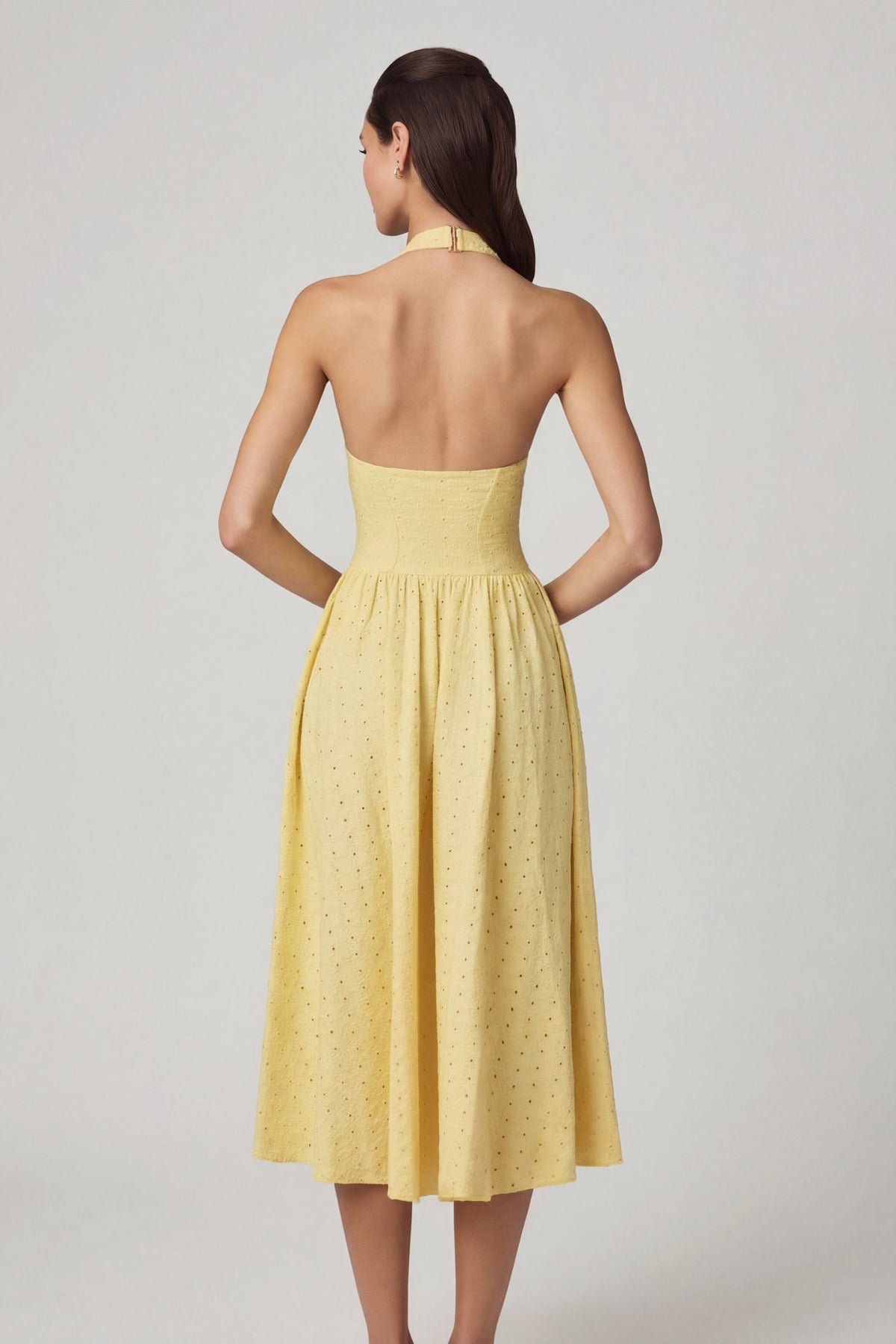Chic Modal Broderie Anglaise Halterneck Midaxi Dress in Lemon Yellow