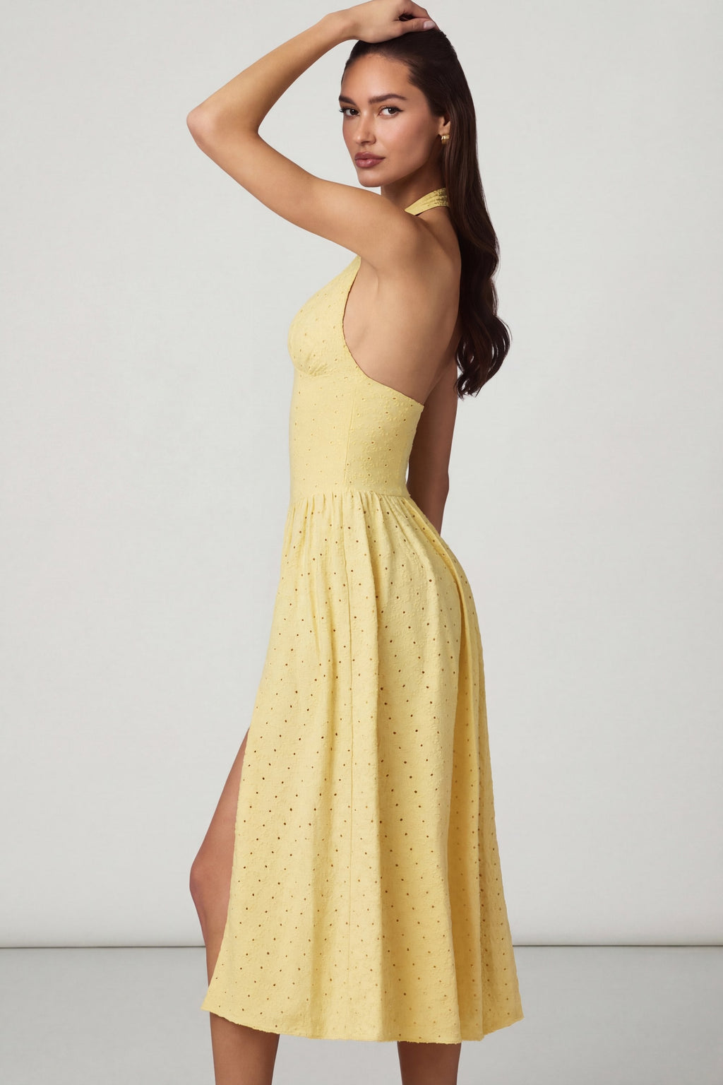 Chic Modal Broderie Anglaise Halterneck Midaxi Dress in Lemon Yellow