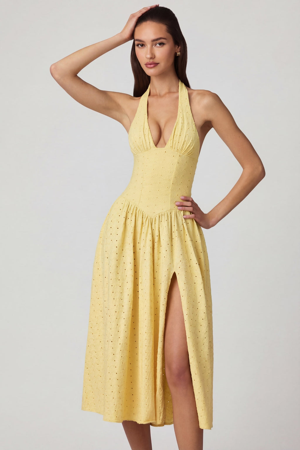 Chic Modal Broderie Anglaise Halterneck Midaxi Dress in Lemon Yellow