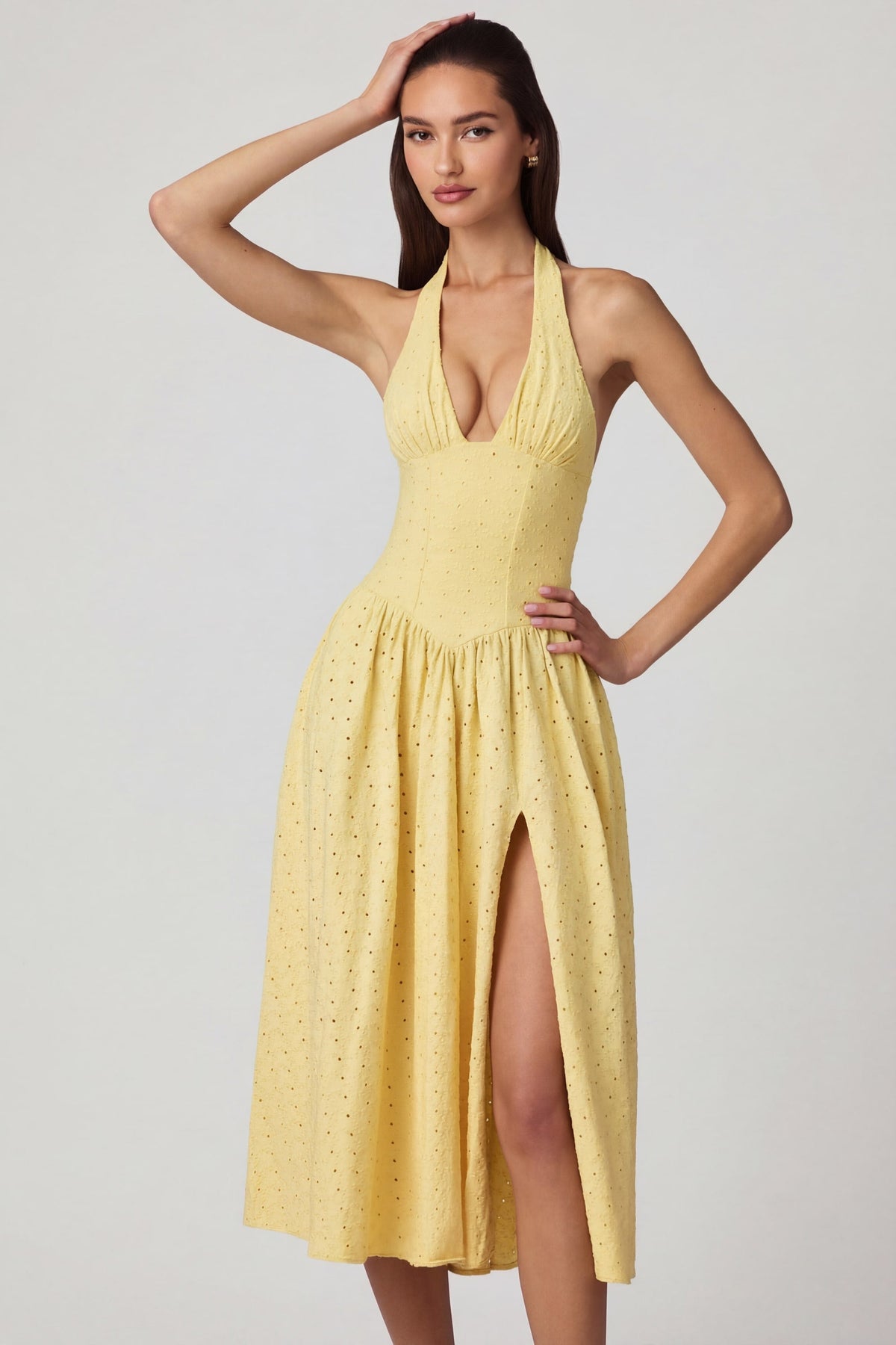Chic Modal Broderie Anglaise Halterneck Midaxi Dress in Lemon Yellow