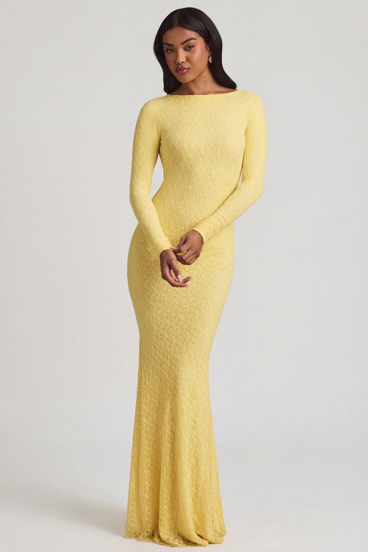 Chic Ruched Backless Lace Maxi Dress in Pastel Yellow