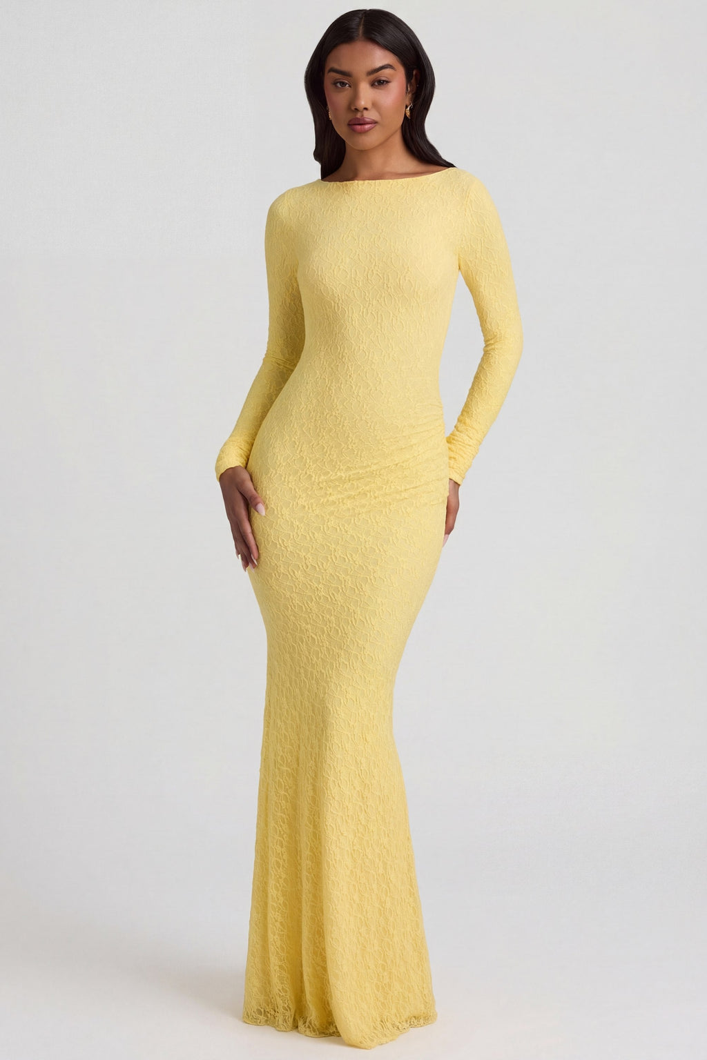 Chic Ruched Backless Lace Maxi Dress in Pastel Yellow