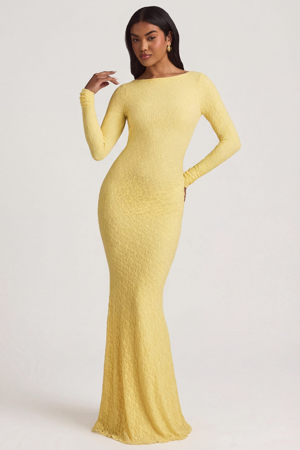 Chic Ruched Backless Lace Maxi Dress in Pastel Yellow