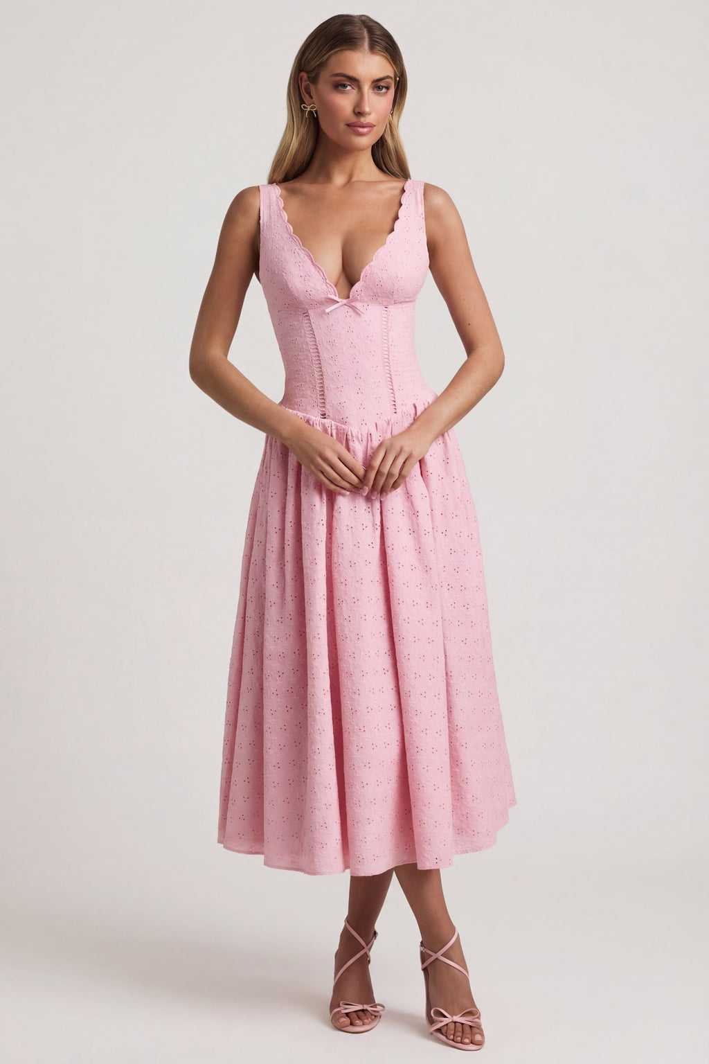 Chic Broderie Anglaise Bow-Detail A-Line Midaxi Dress in Soft Pink