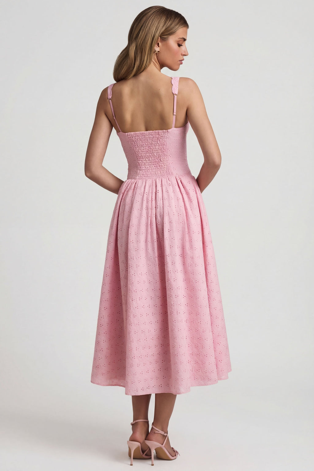 Chic Broderie Anglaise Bow-Detail A-Line Midaxi Dress in Soft Pink