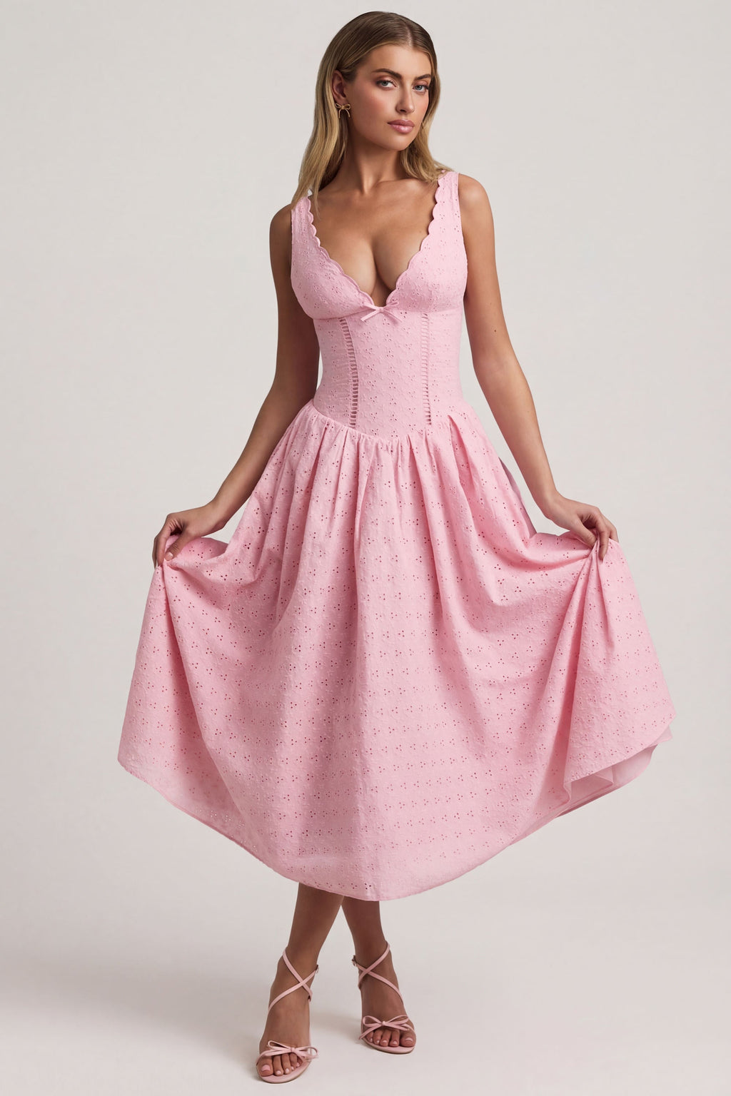 Chic Broderie Anglaise Bow-Detail A-Line Midaxi Dress in Soft Pink
