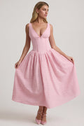 Chic Broderie Anglaise Bow-Detail A-Line Midaxi Dress in Soft Pink