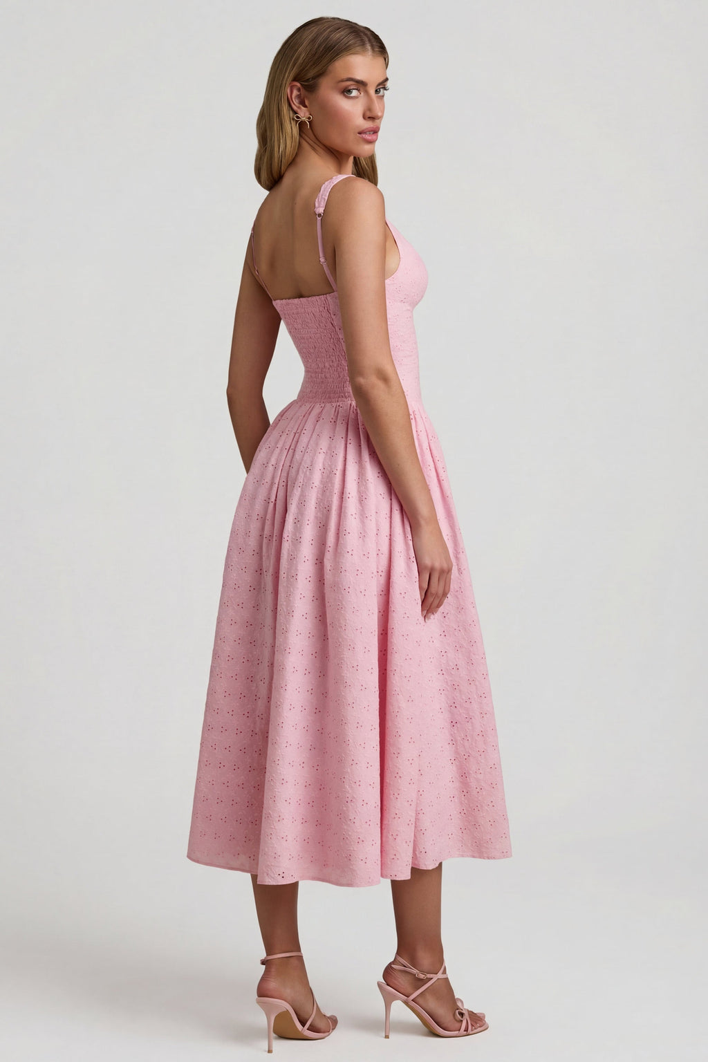 Chic Broderie Anglaise Bow-Detail A-Line Midaxi Dress in Soft Pink