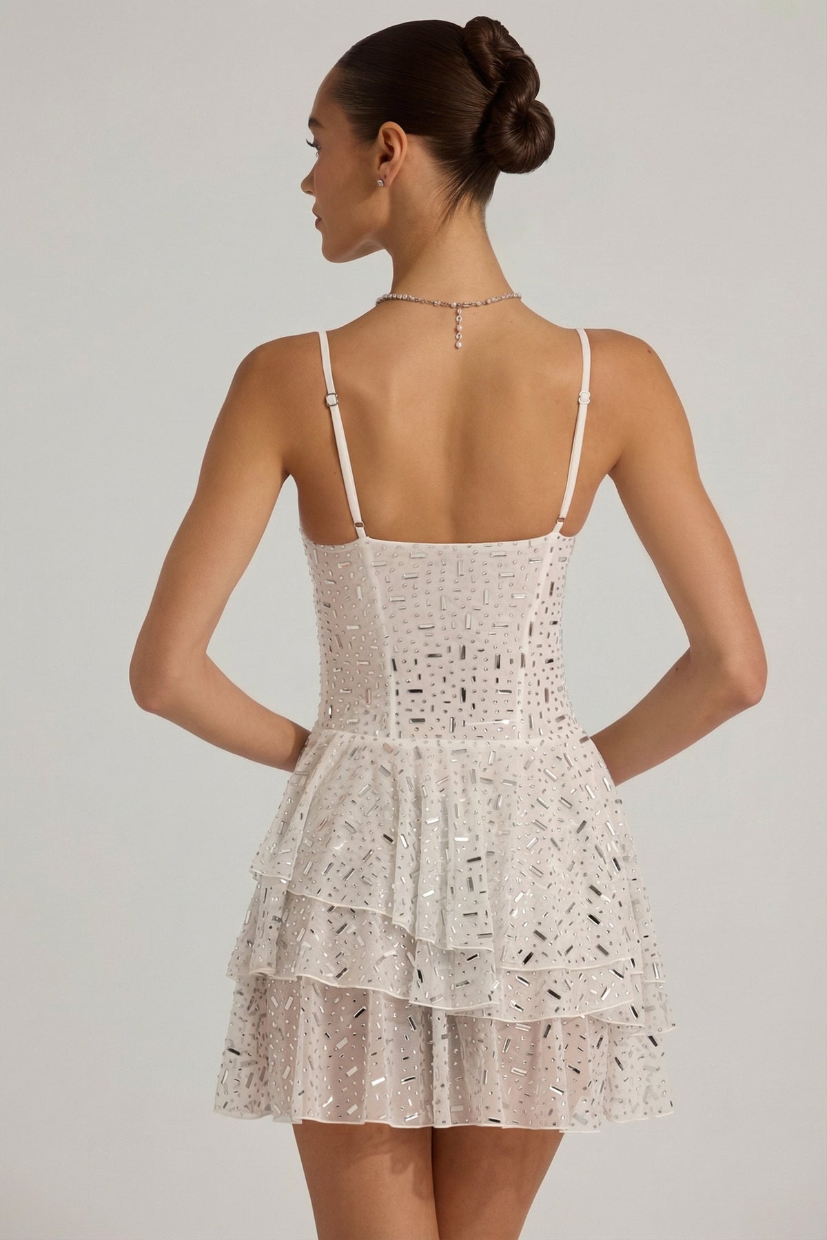 Chic Embellished Ruffled Tiered Mini Dress in White