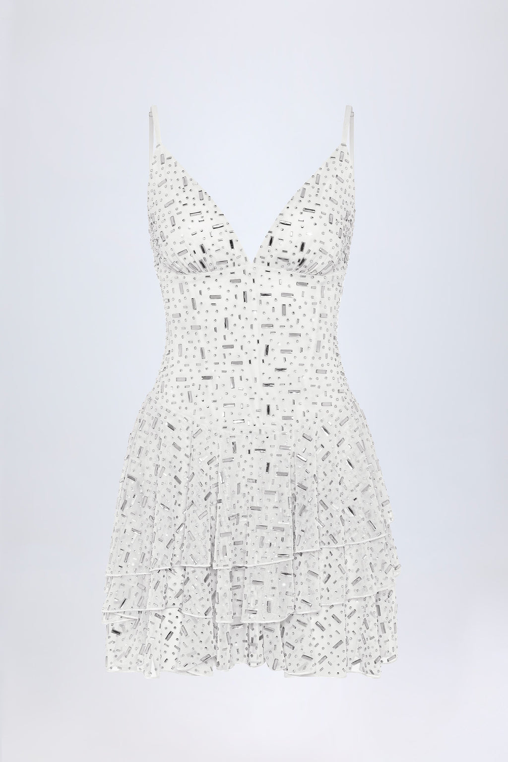 Chic Embellished Ruffled Tiered Mini Dress in White