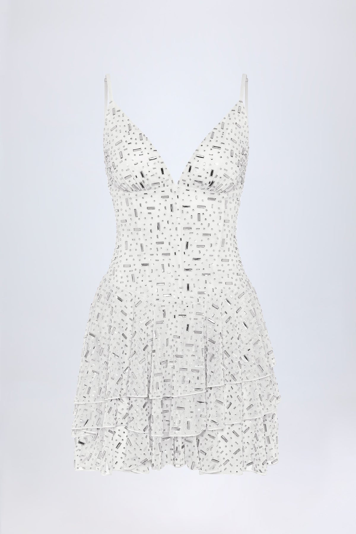 Chic Embellished Ruffled Tiered Mini Dress in White