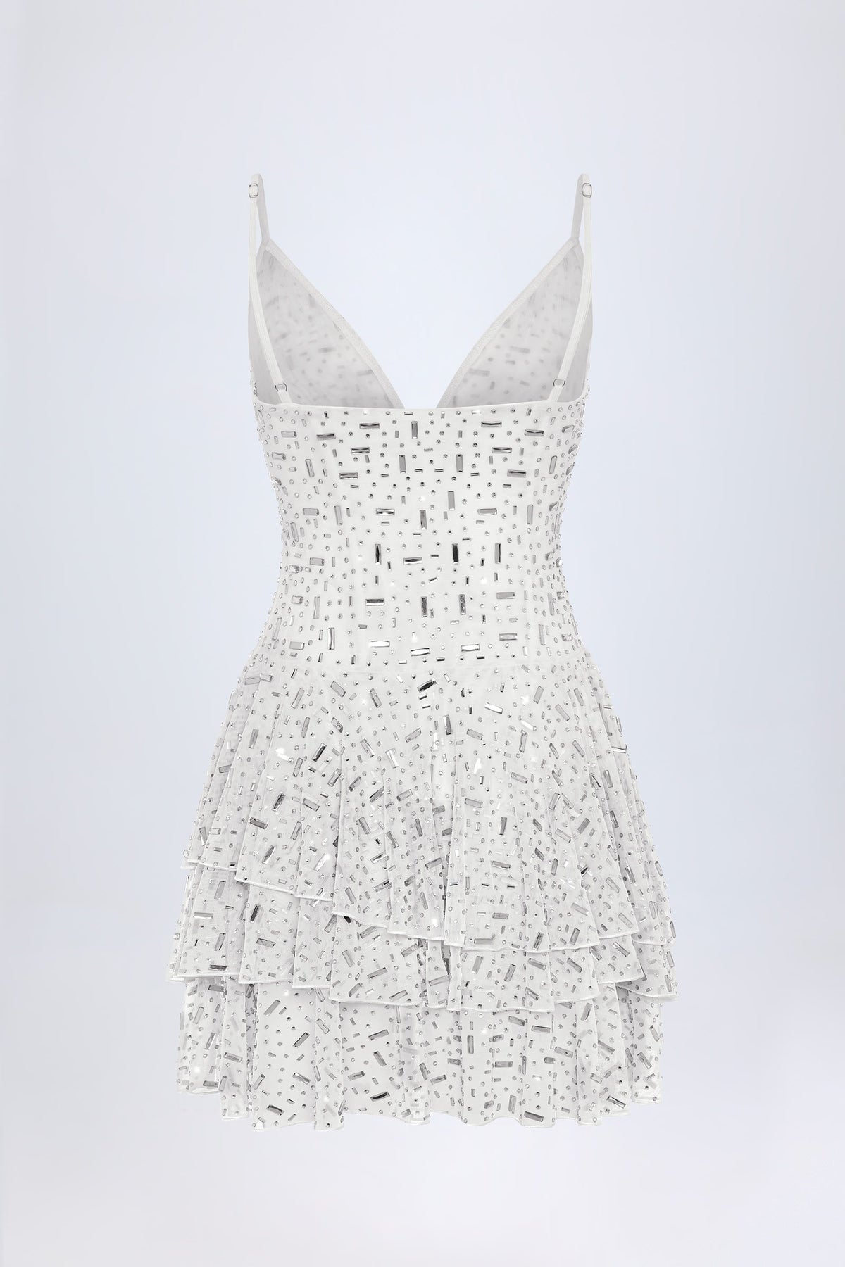 Chic Embellished Ruffled Tiered Mini Dress in White