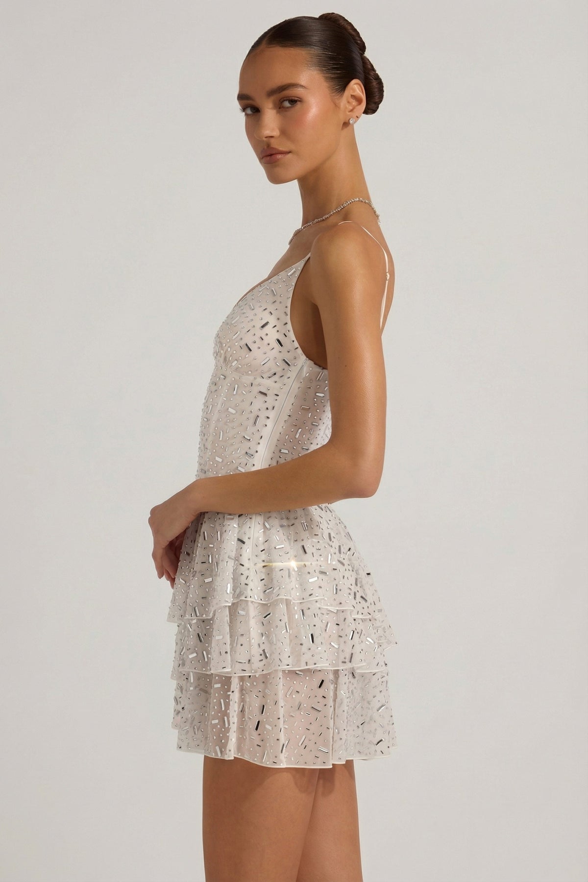 Chic Embellished Ruffled Tiered Mini Dress in White