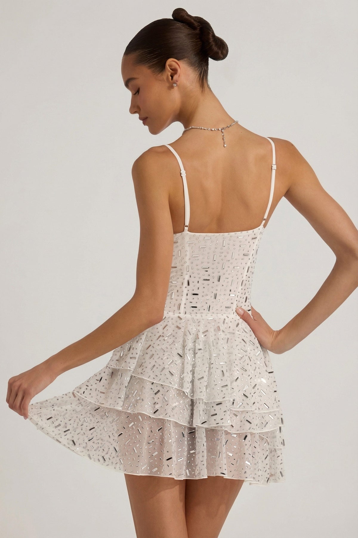 Chic Embellished Ruffled Tiered Mini Dress in White