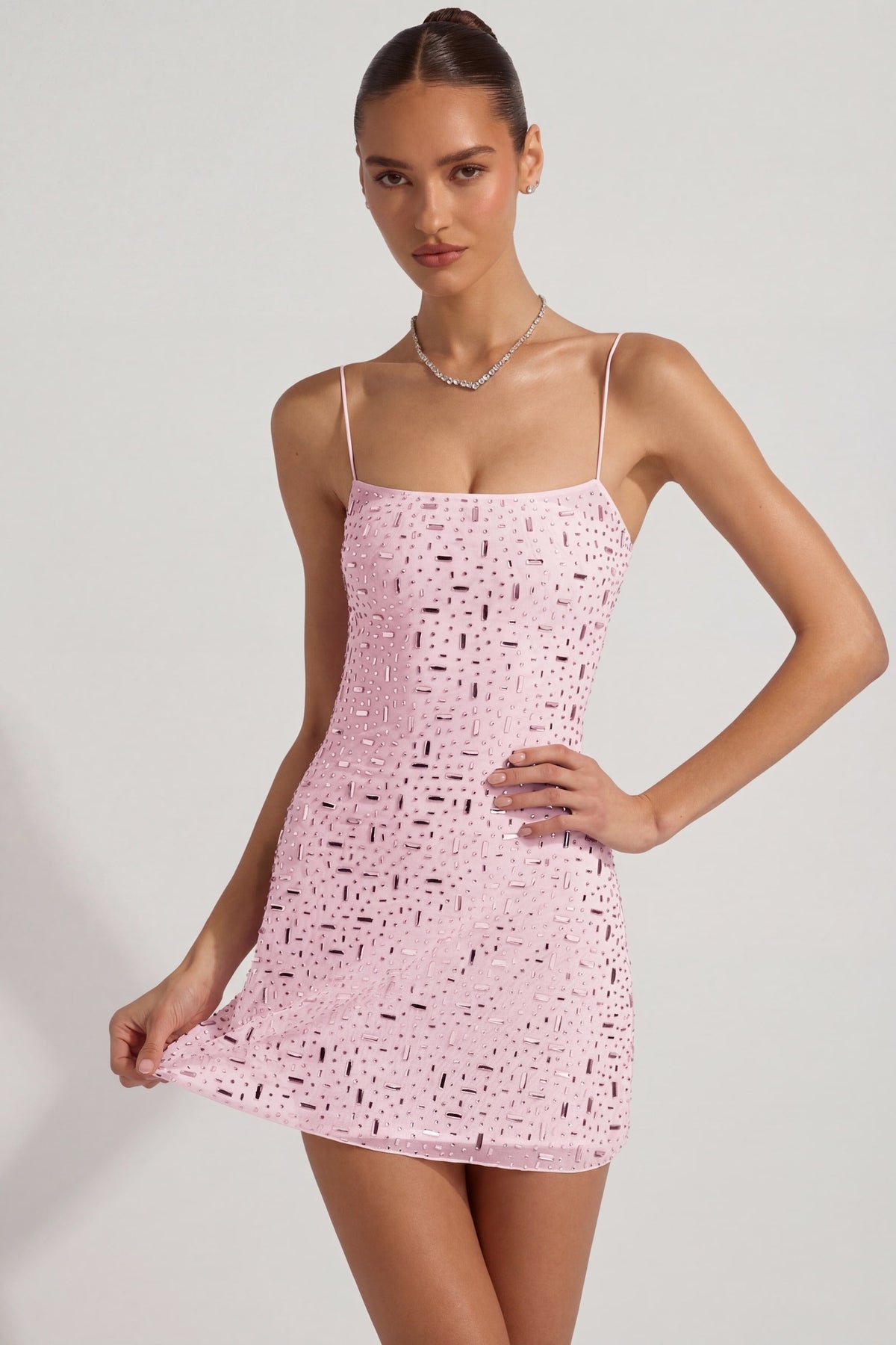 Chic Sheer Embellished Square-Neck Mini Dress in Pink
