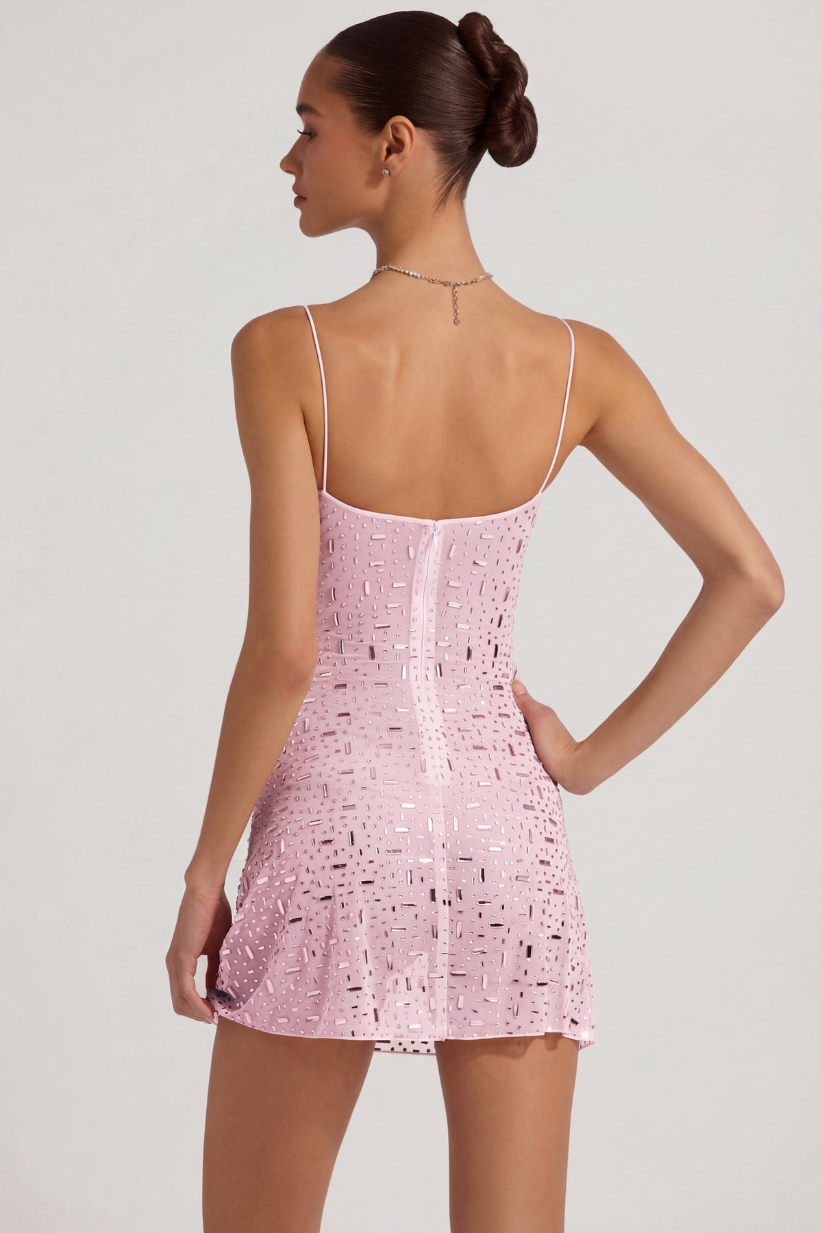 Chic Sheer Embellished Square-Neck Mini Dress in Pink