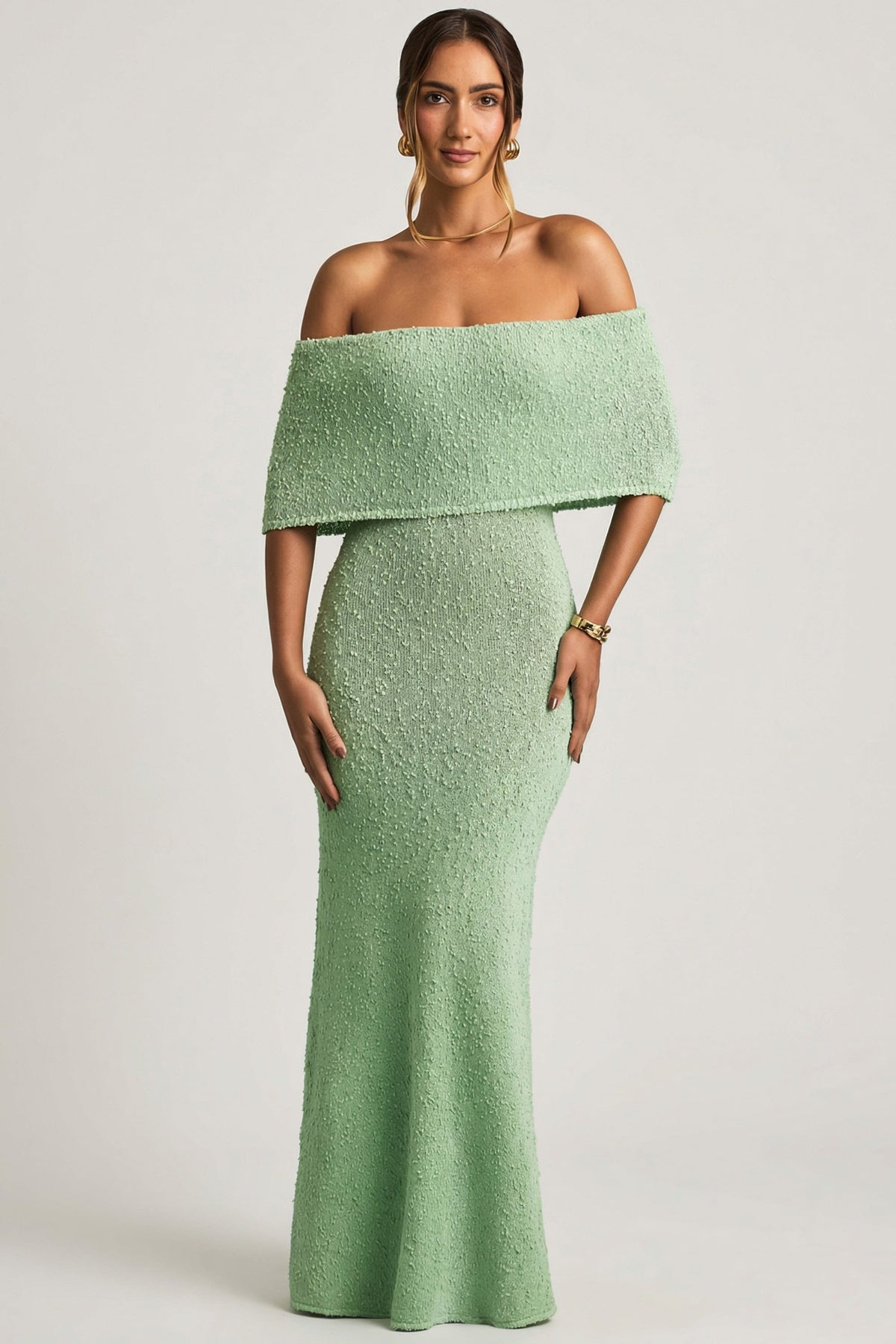 Chic Bouclé Off-Shoulder Maxi Dress in Mint