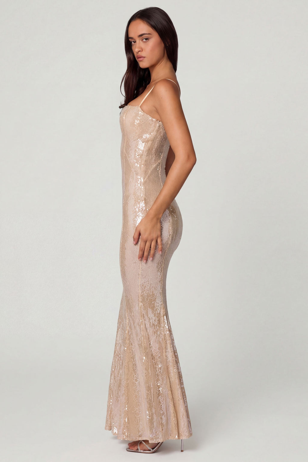 Chic Embellished Square Neck Lace Gown in Pale Peach