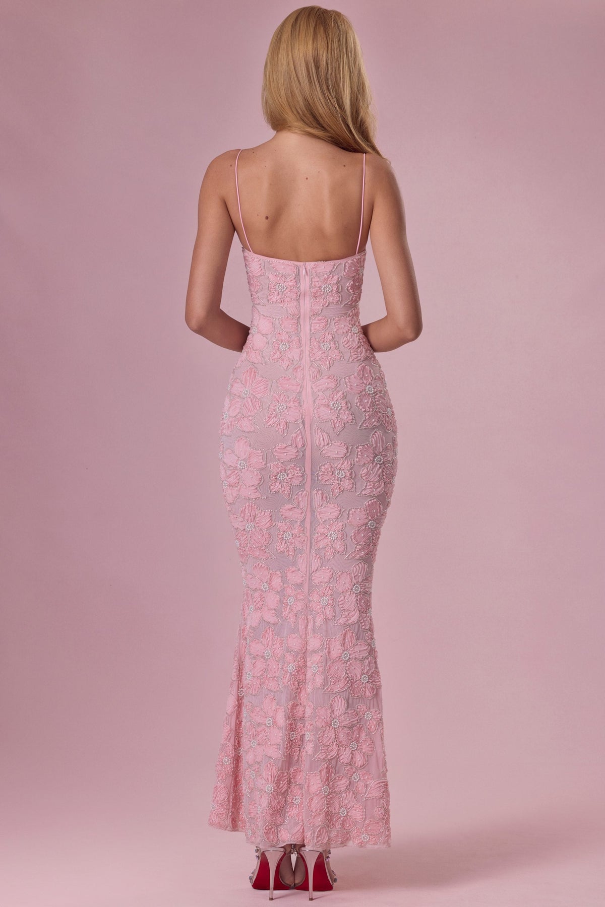 Chic Embellished Square Neck Maxi Dress in Blush